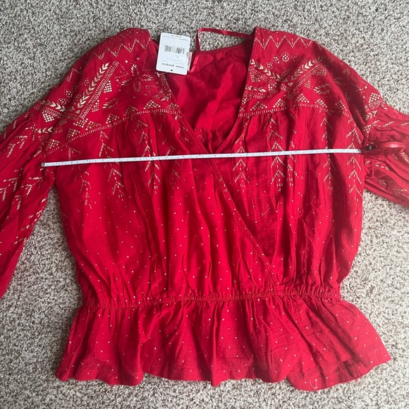FREE PEOPLE Metallic Bell Sleeves Blouse Caliente Red - Picture 6 of 8